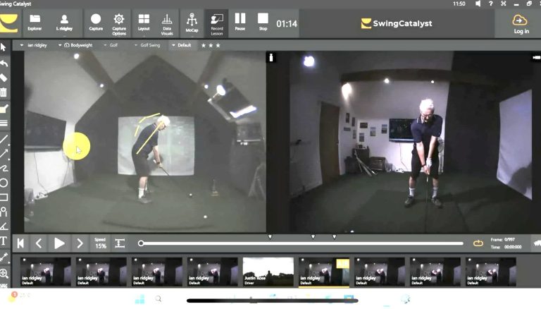 Cheshire West Golf Academy swing analysis Golf swing analysis with two angles displayed on a screen in a training environment. swing catalyst at Cheshire West Golf Academy